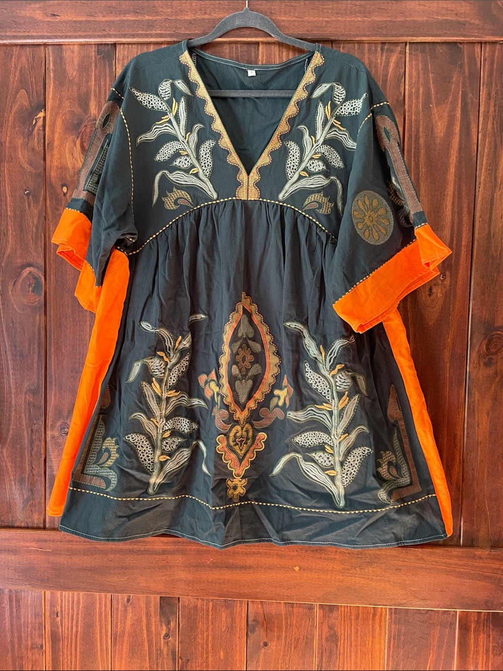 Embroidered Green & Orange Mini Dress with Floral Motif